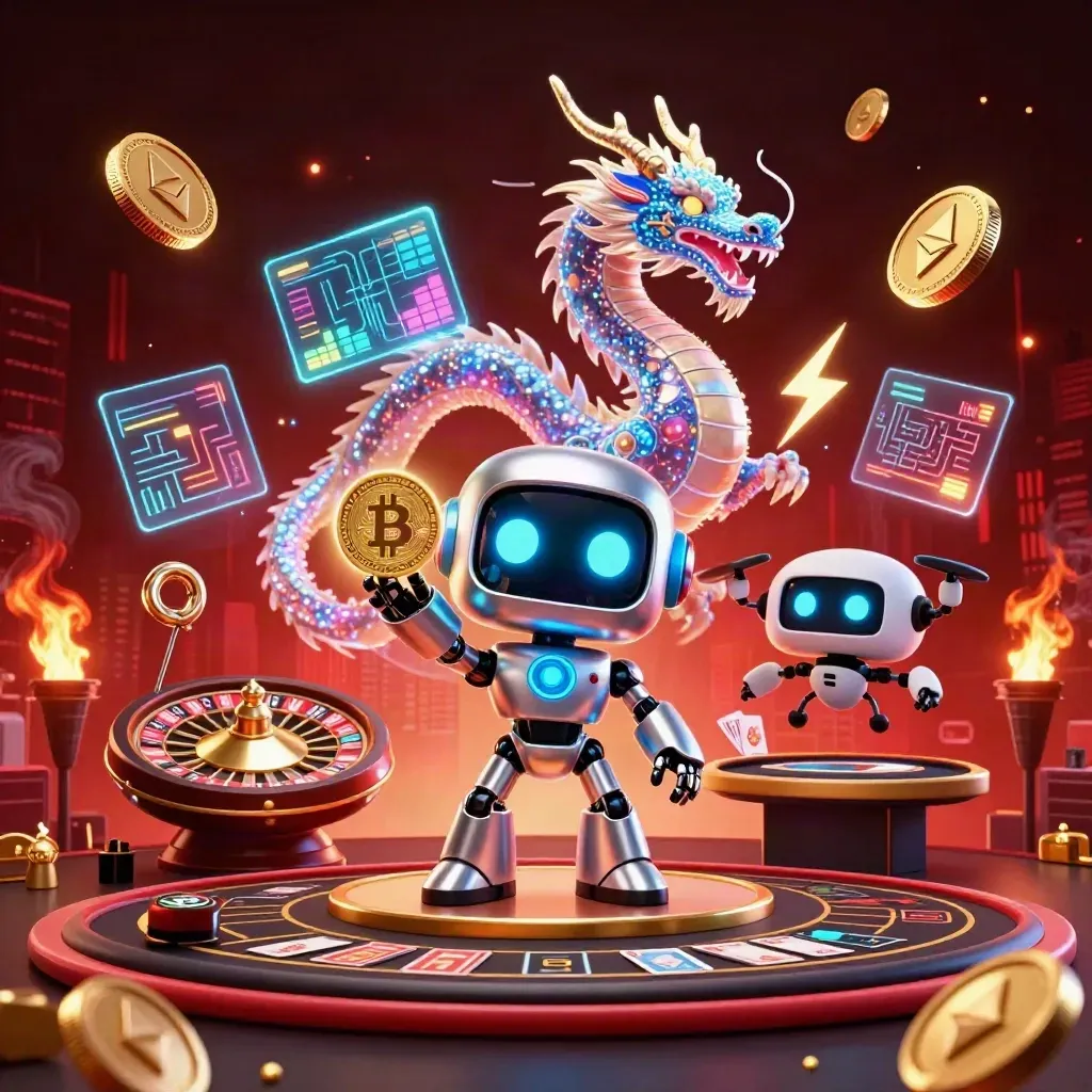 Cyberpunk robot, holographic dragon, drone, casino coins and neon lights in a luxe blackjack scene.