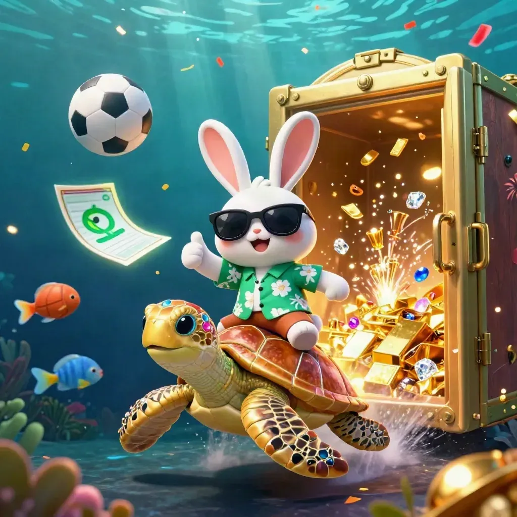 Lucky rabbit on a gold sea turtle amid treasure, fish, and neon casino loot underwater.