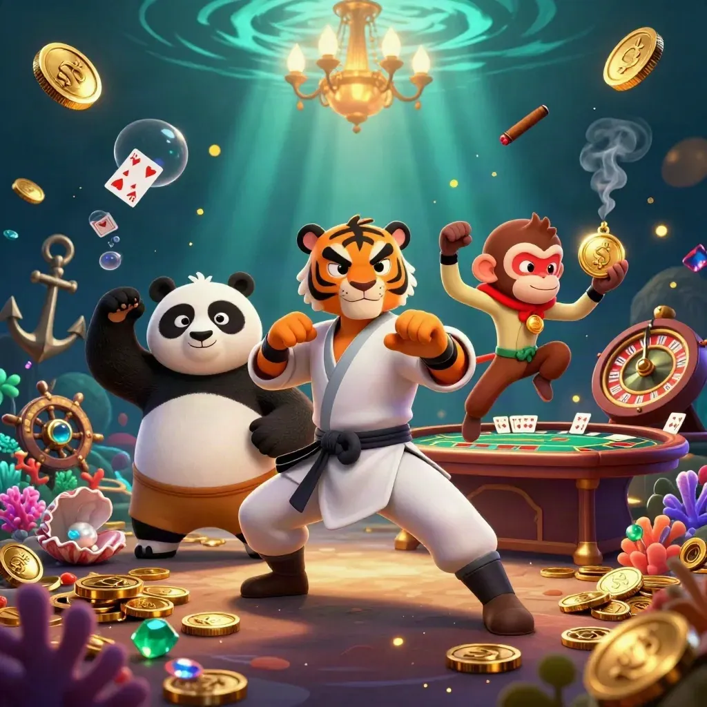 Kung-fu tiger, panda, and monkey in a glowing underwater casino treasure cove.