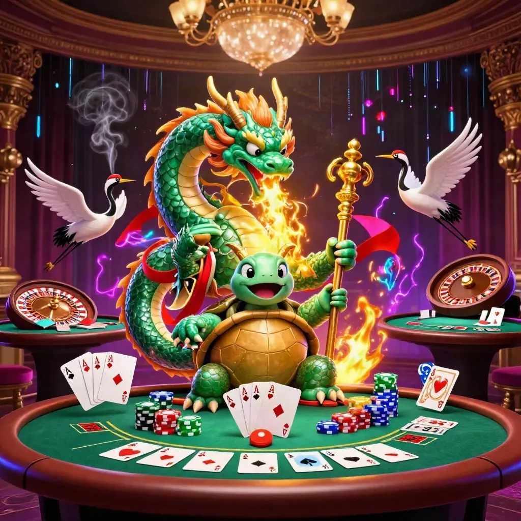 Emerald dragon, turtle sage, and cranes amid casino tables, chips, and neon luxury.