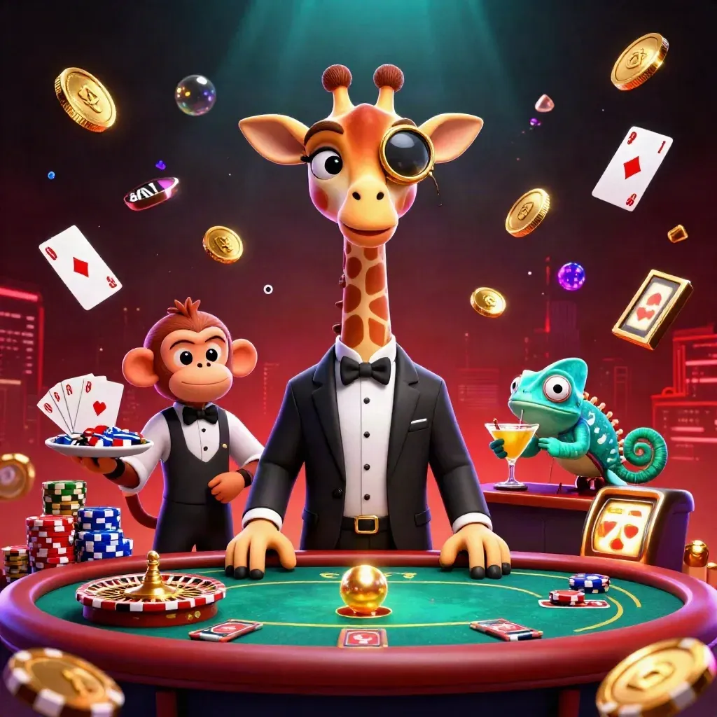 Giraffe, monkey, and chameleon at a luxe blackjack table amid coins, gems, and neon casino chaos.