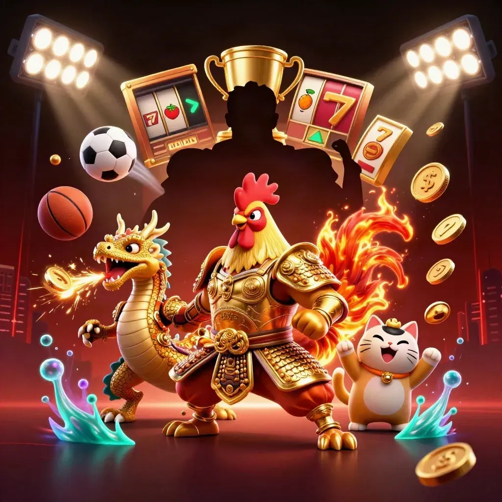 Rooster warrior, dragon hatchling and fortune cat amid coins, balls, trophy and neon casino effects.