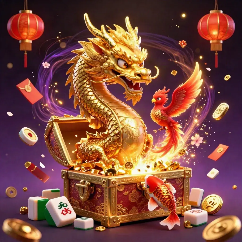 Golden dragon, phoenix and koi burst from a treasure chest amid casino gold magic.