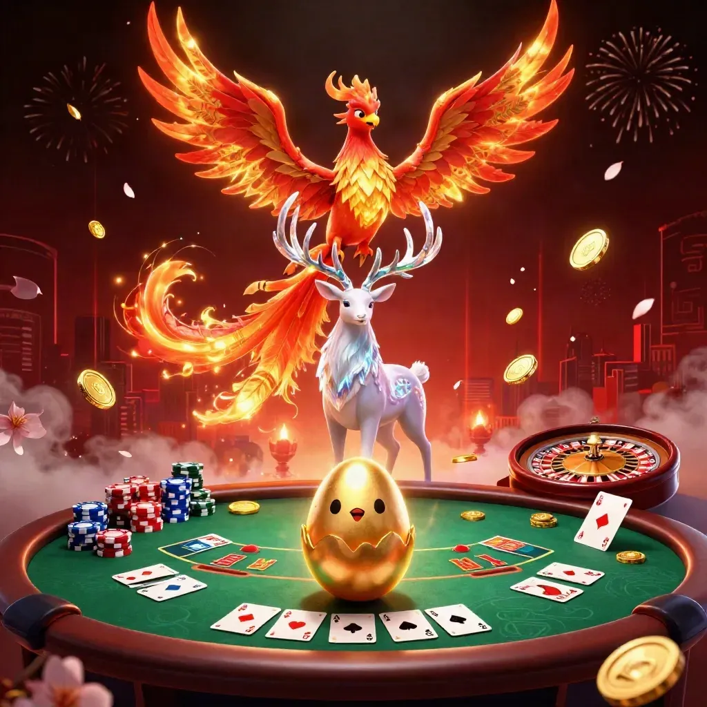 Fire phoenix, baby phoenix, and crystal stag amid gold coins, chips, cards, and neon casino fireworks.
