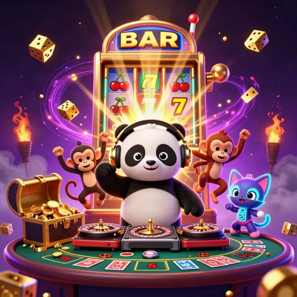 DJ panda, dancing monkey, and rave kitten amid exploding casino jackpots and gold coins.