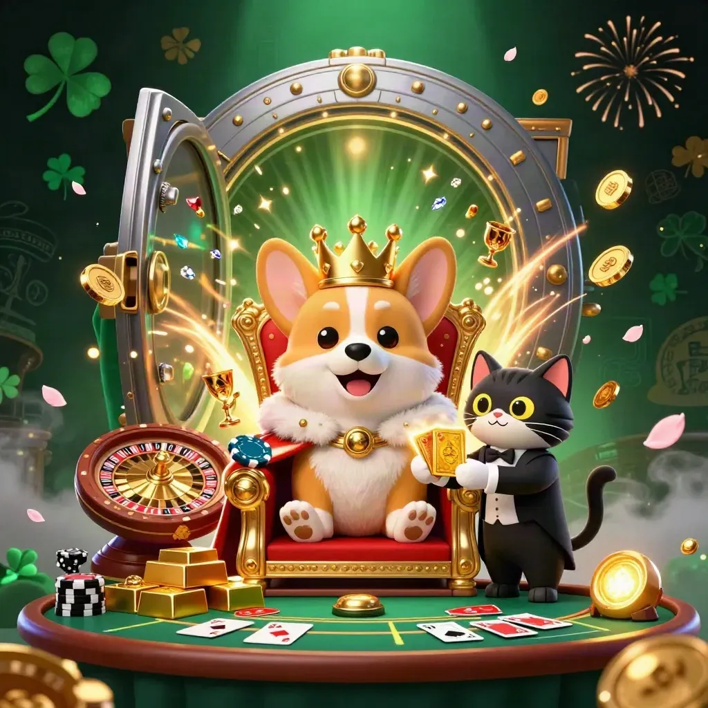 Crowned corgi and cat butler amid vault riches, blackjack table, roulette wheel, and neon casino glow.