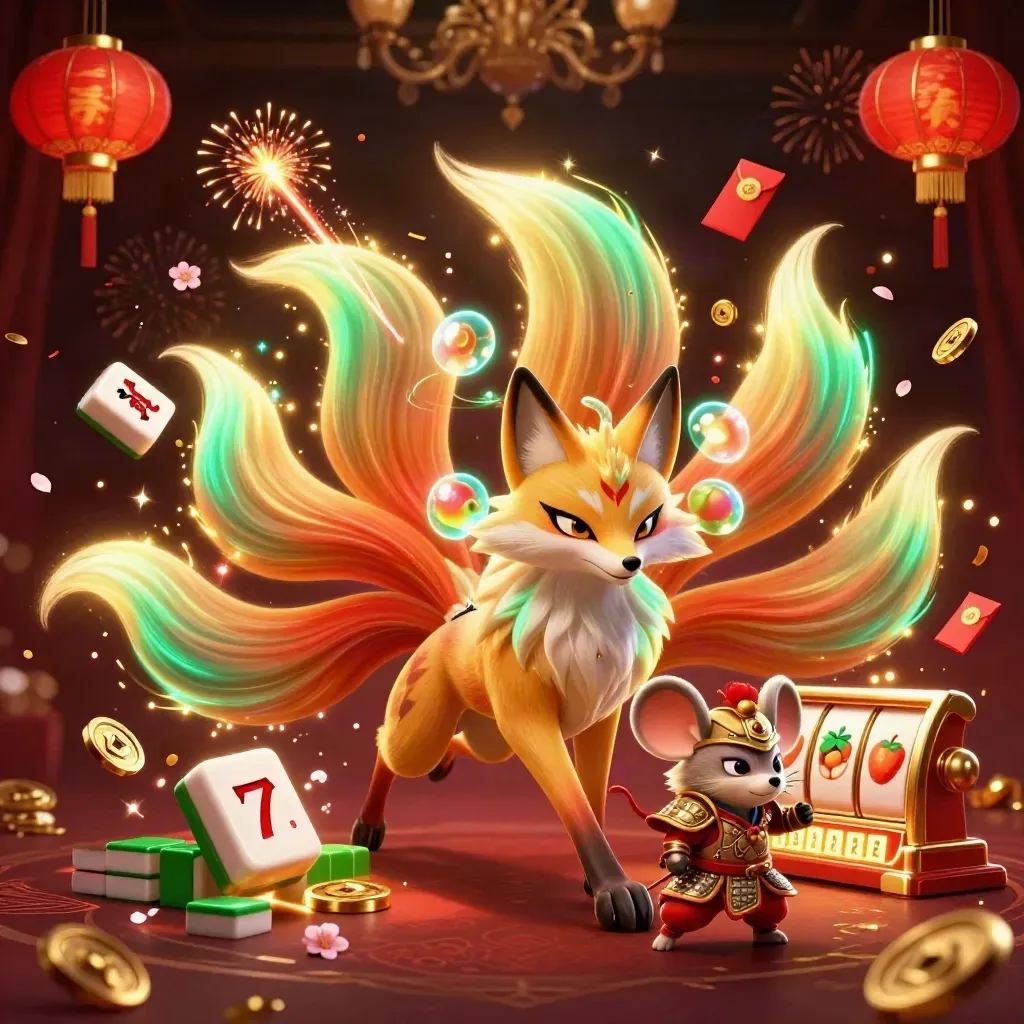 Fox spirit and samurai mouse amid casino jackpots, glowing tiles, coins, lanterns, and fireworks.