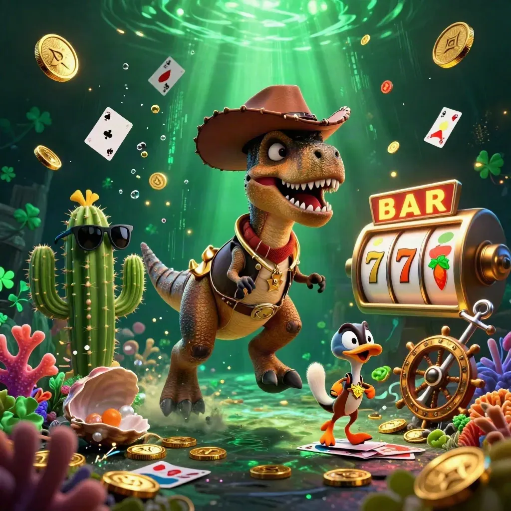 Cowboy T-Rex, cactus sidekick, and roadrunner amid treasure cove casino chaos