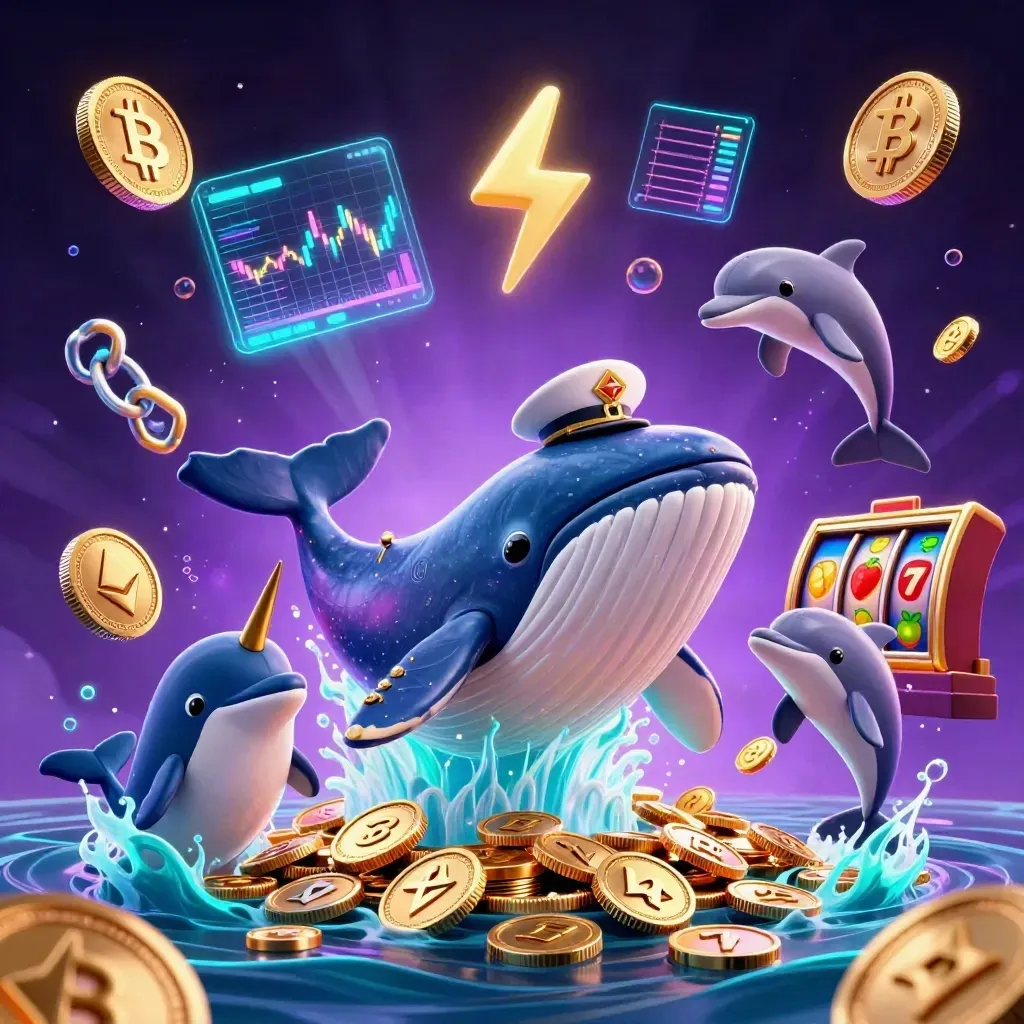 Whale captain, narwhal, and dolphins in a neon casino ocean with coins, chips, and glowing symbols.