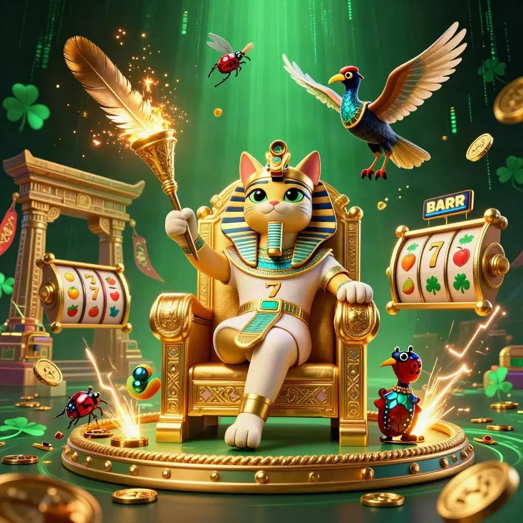 Pharaoh cat on golden throne with ibis scribe, gem-wing scarabs, coins, reels, and neon casino effects.