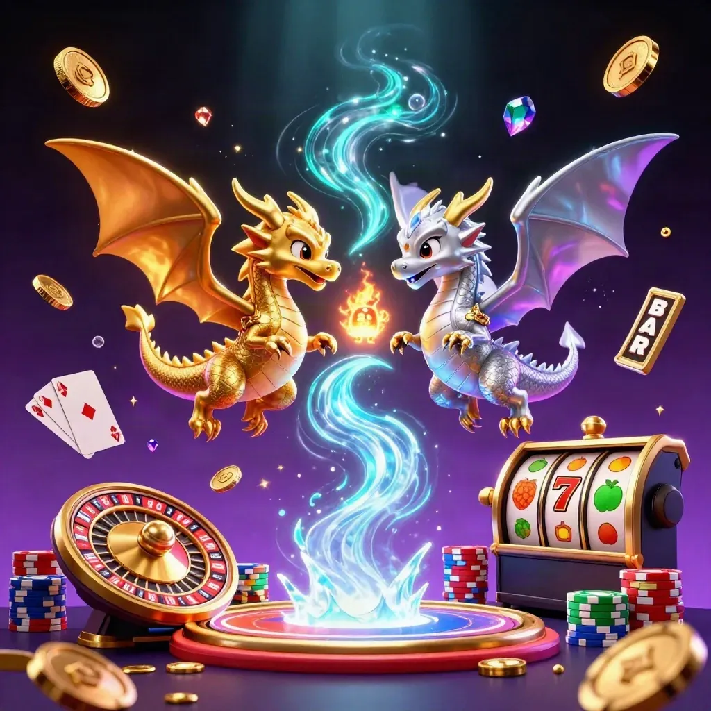 Twin gold and silver dragons spiral in a yin-yang with coins, chips, cards, and casino glow.