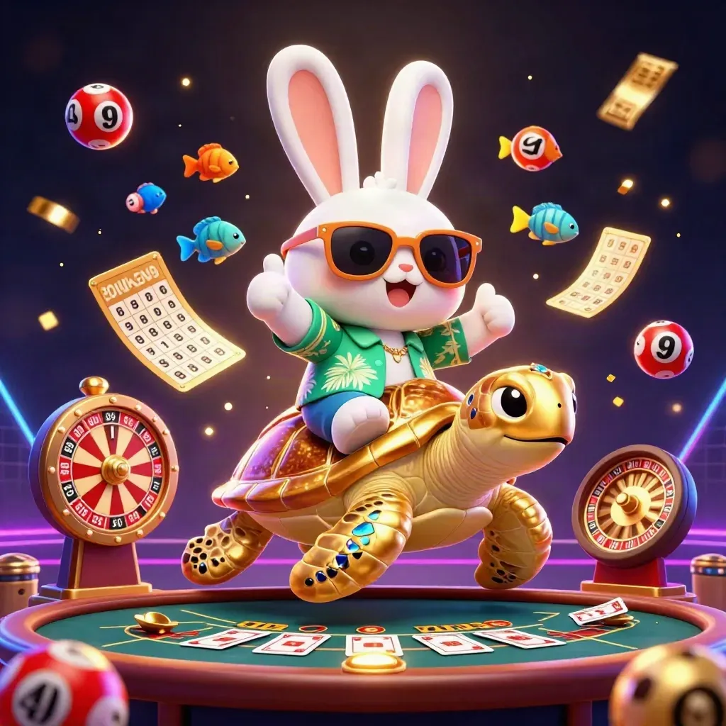 Rabbit on golden turtle with casino props, neon sparkles, and dark luxury backdrop.
