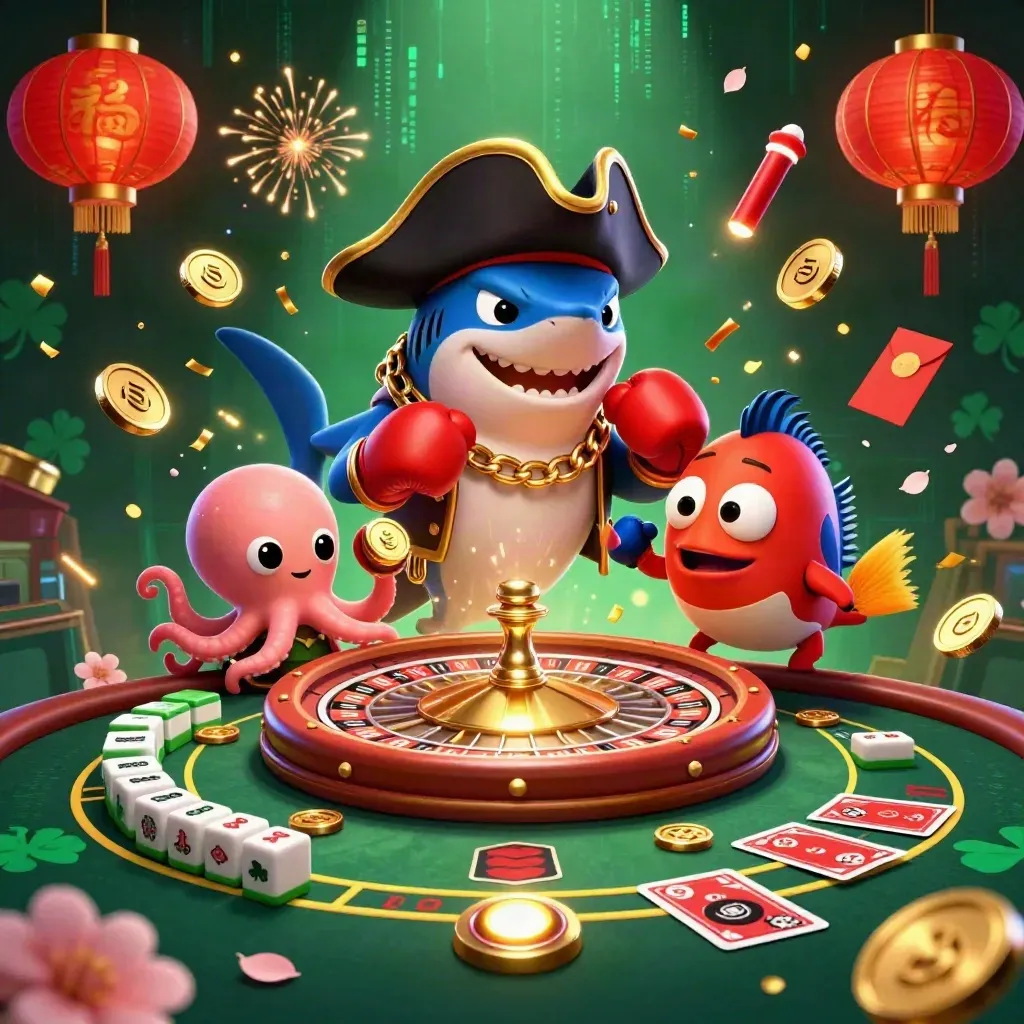 Pirate shark, boxing pufferfish and coin-juggling octopus around a glowing roulette wheel.