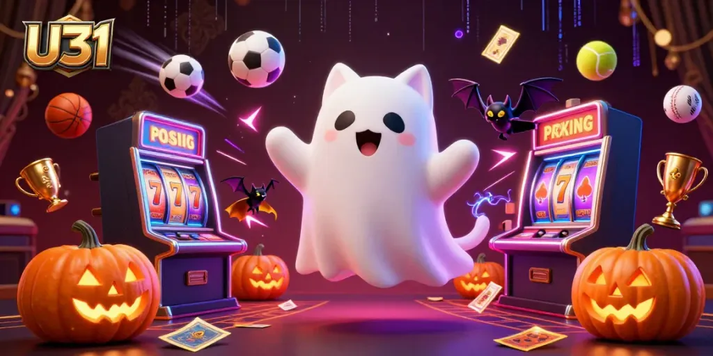 Experience the excitement of U31 Casino with a vibrant ghost cat and its bat companion amidst dynamic slots and sports themes.