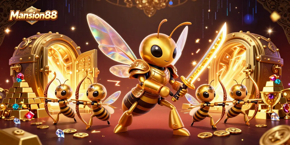 Mansion88 captures excitement with a giant golden hornet in samurai armor, thrilling players with its vibrant casino scene.