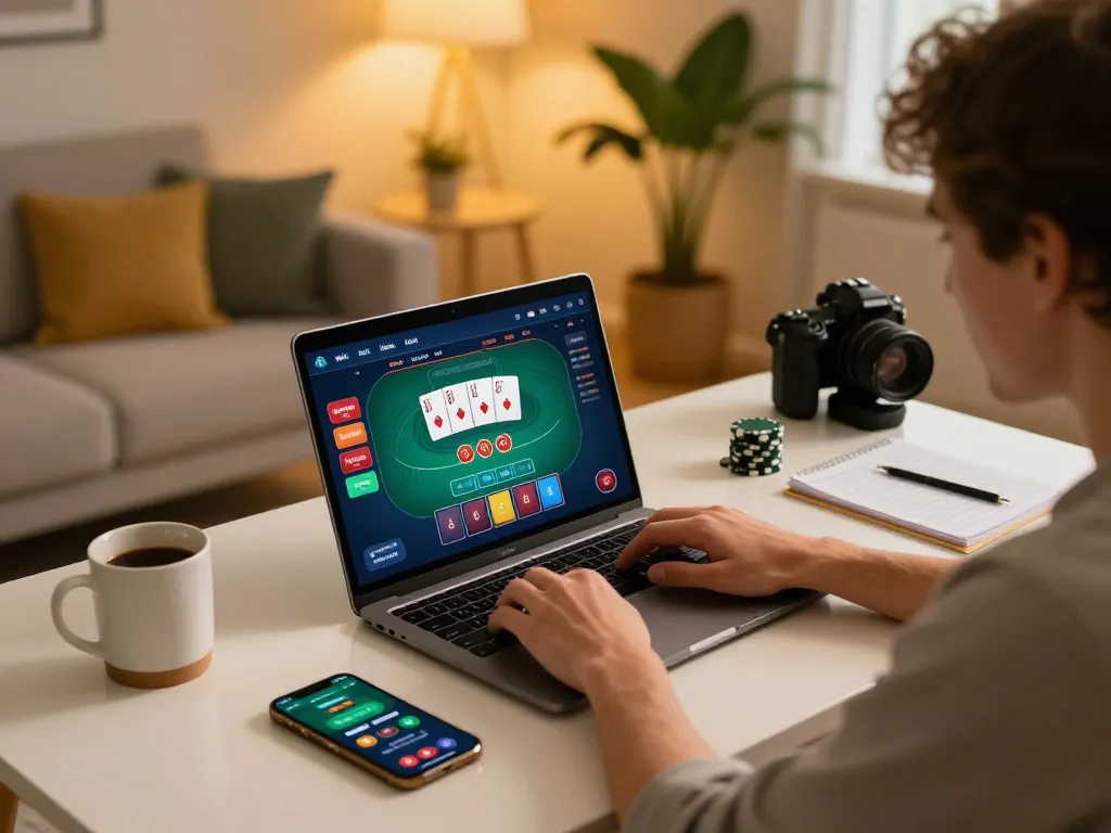 Player engaged with GG88 online gaming platform on laptop, showcasing immersive poker interface