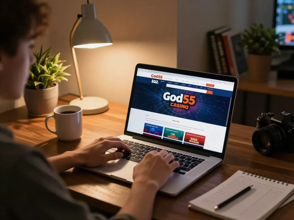 Engaging scene of a player using the God55 casino website for online gaming, showcasing a comfortable home setting with personal touches.