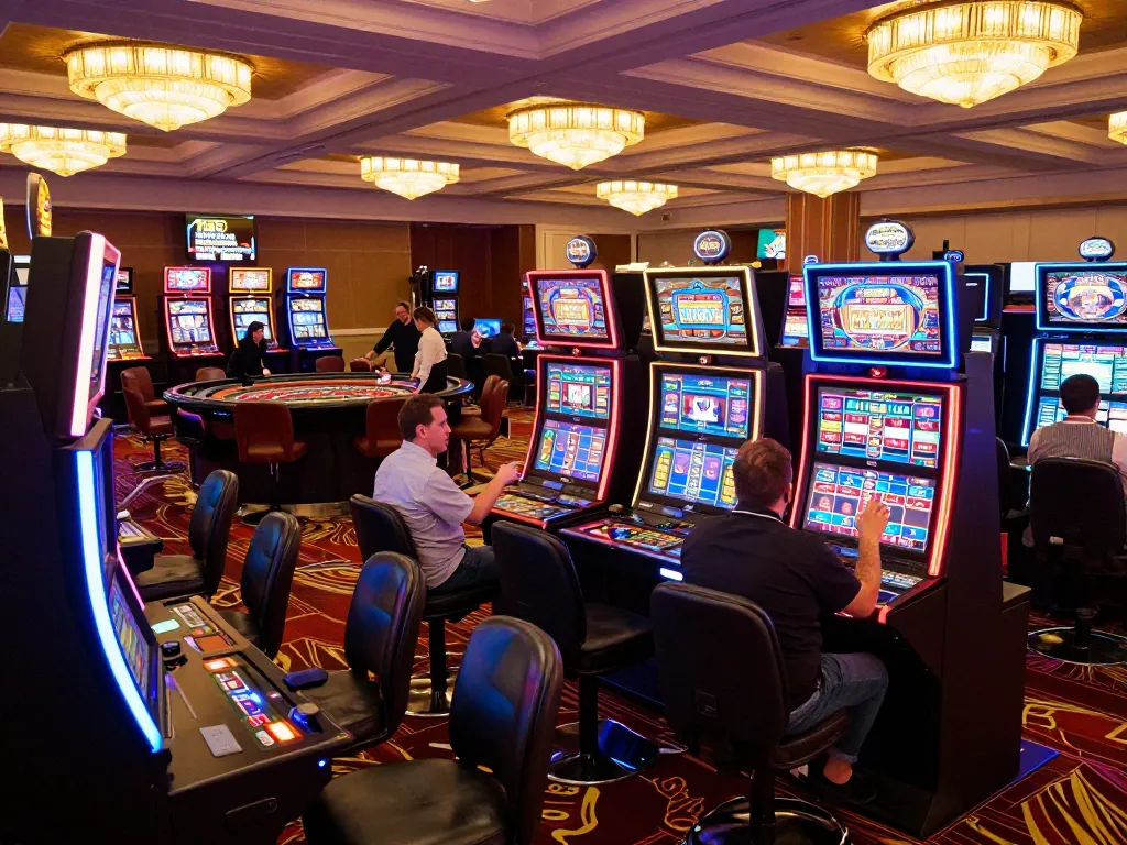 Players enjoying a vibrant gaming experience at 388bet's lively casino floor with slot machines.