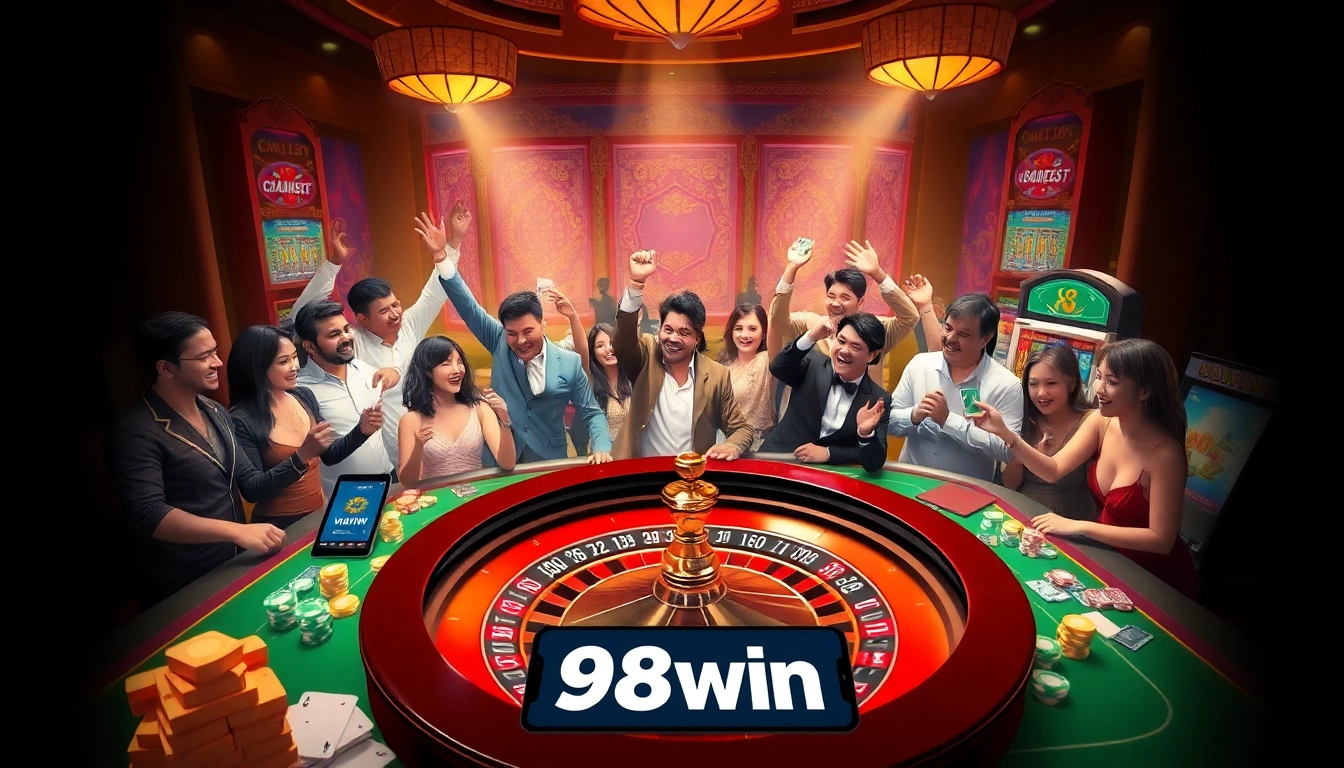 Celebrate your winnings at 98win with luxurious casino tables and vibrant slot machines.