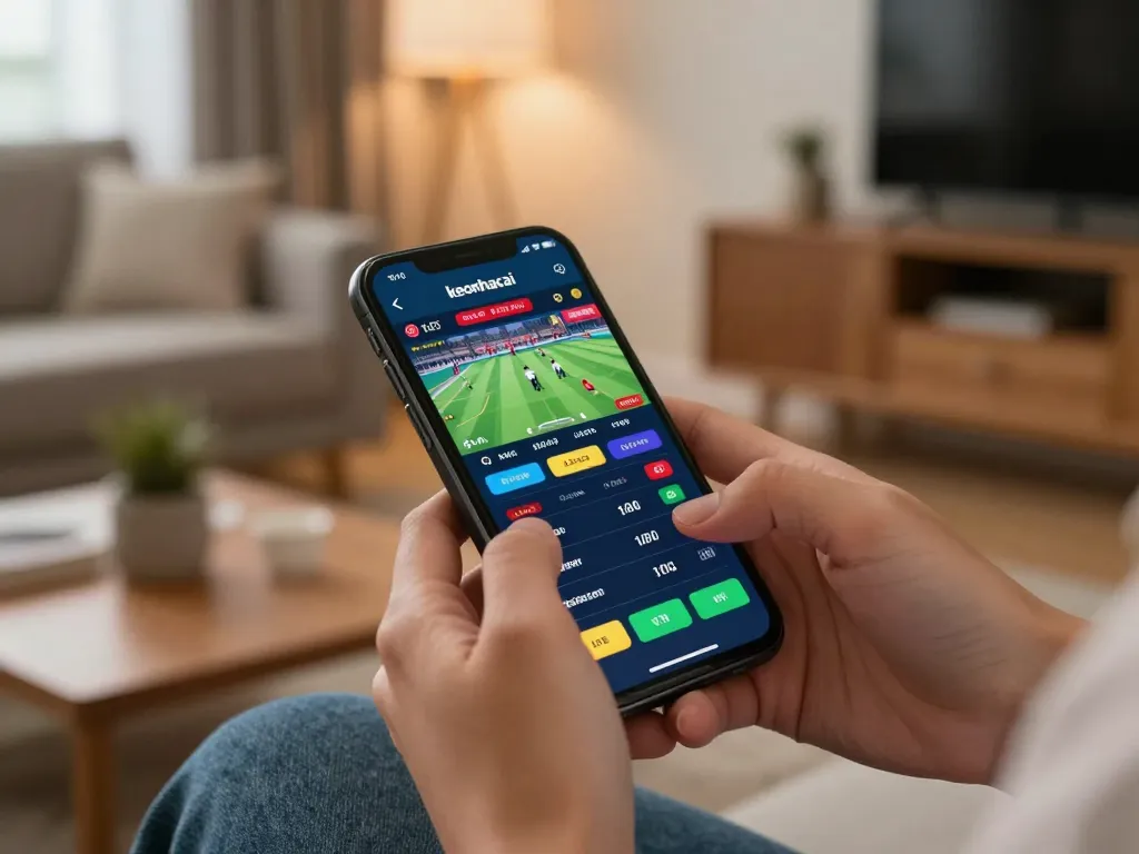 Engaging view of keonhacai betting app on smartphone amid cozy home setting, showcasing interactive sports betting odds.