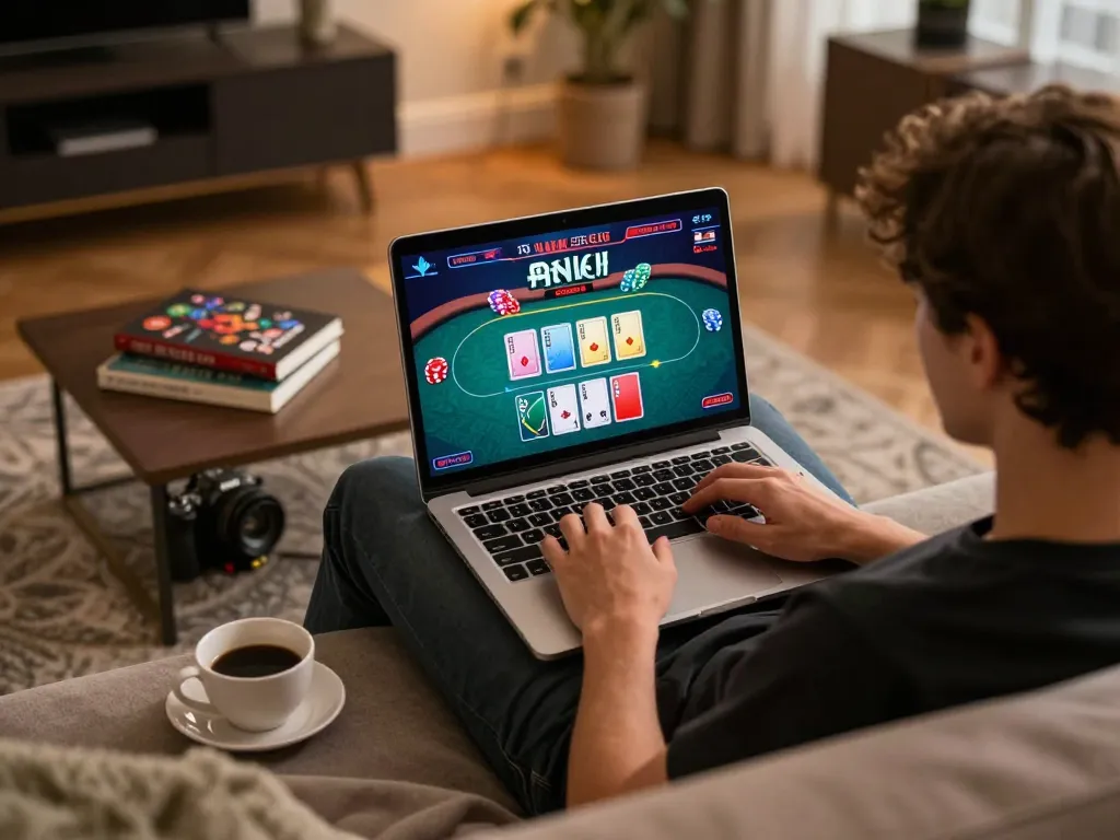 Engaged player enjoying poker on tg88 platform from a cozy home setting with a laptop
