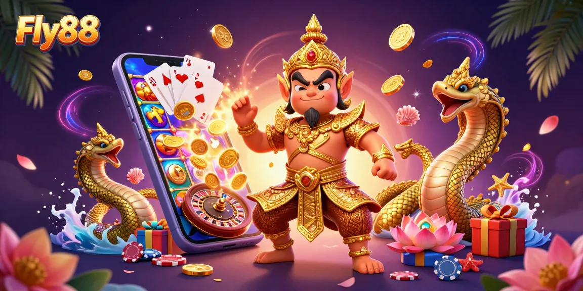 Experience thrilling gameplay at Fly88 with a vibrant slot game scene featuring exciting characters and casino elements.