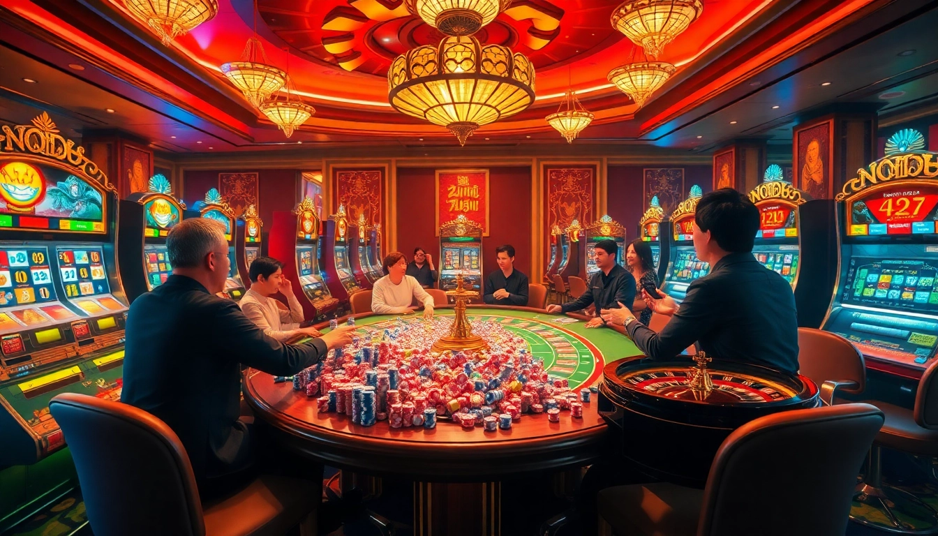 Nổ hũ gaming table with vibrant chips and excited players in a luxurious casino atmosphere.