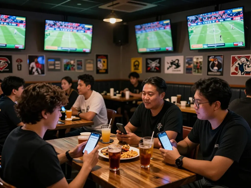 Engaged patrons using mobile apps for kèo nhà cái hôm nay while watching sports events.