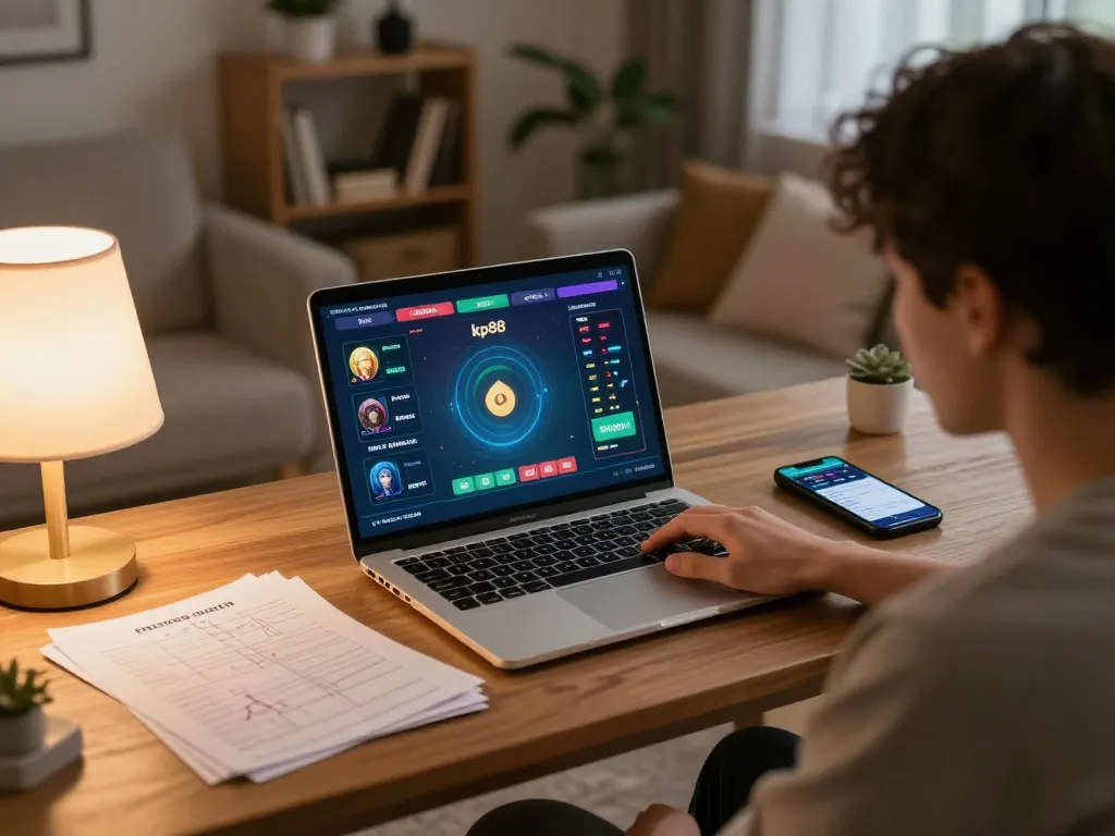 Engaging with kp88 game on a laptop while analyzing betting strategies in a cozy home setting.