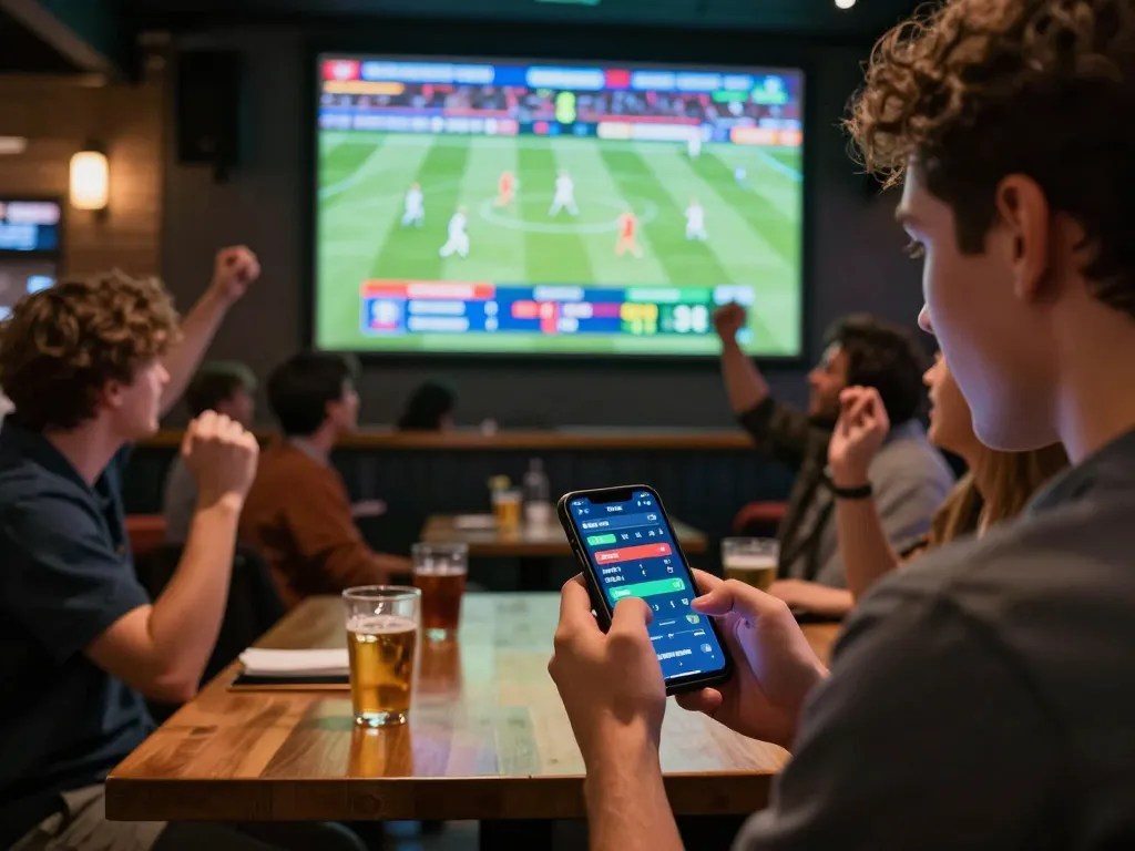 Engaging in live sports betting at https://luckywin.solutions/ with smartphones and vibrant atmosphere