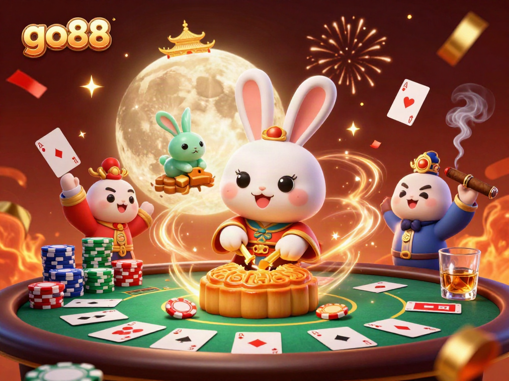 Engage with go88's vibrant casino scene featuring a folklore-inspired moon rabbit surrounded by poker elements.