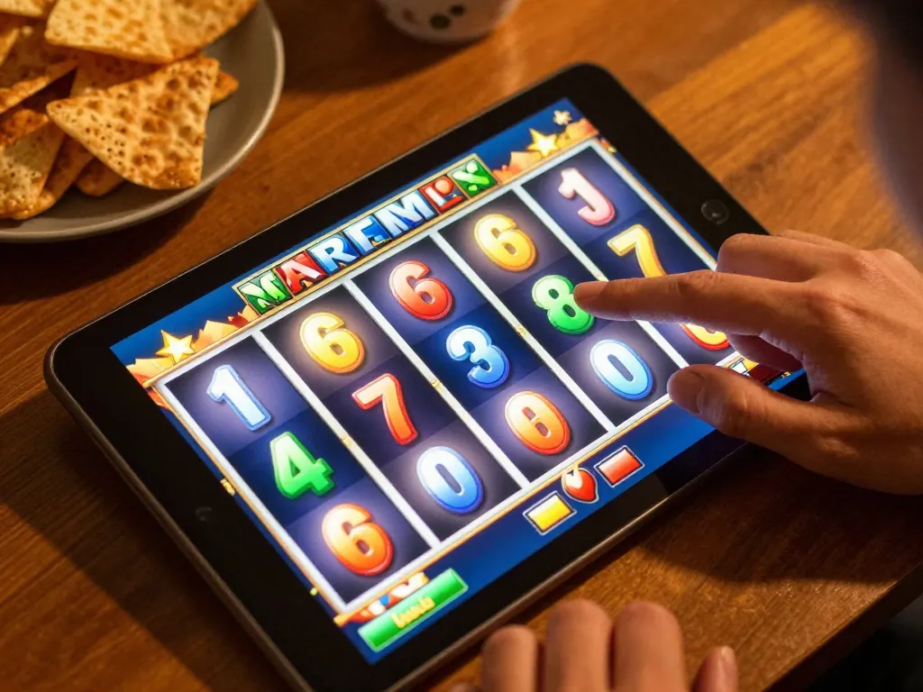 Pemain berinteraksi dengan permainan slot online di tablet, menampilkan grafik yang hidup dan gameplay yang menarik.