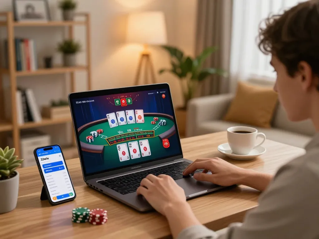 Player engaging with 32win live dealer game on laptop, showcasing strategic gameplay environment.