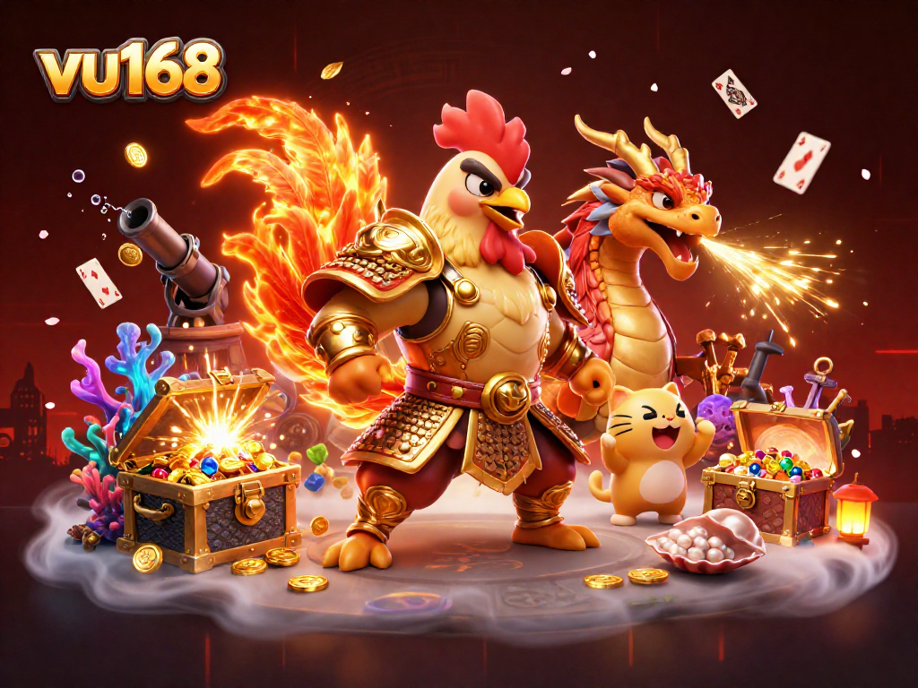 Experience thrilling casino action with vu168 featuring a fighting rooster warrior and a dragon hatchling