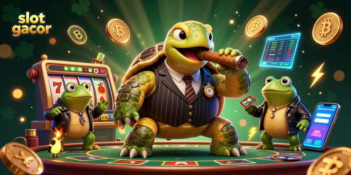 Spin the slot gacor with a lively 3D turtle and bullfrogs showcasing vibrant gambling elements.