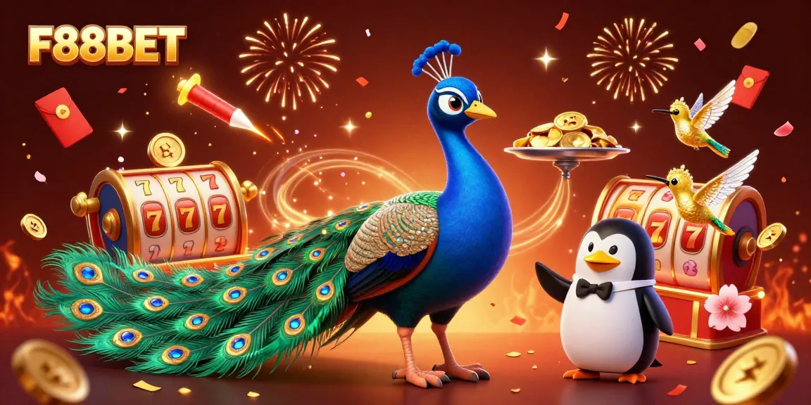 Experience the vibrant gaming world at F88BET with dynamic slot reels and celebratory elements.