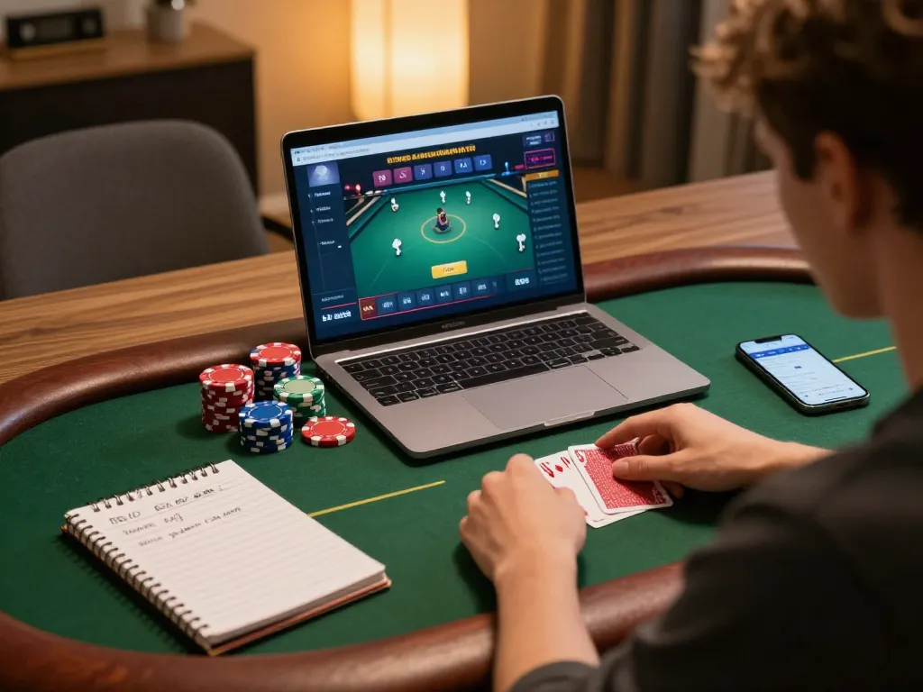 Engagingly tracking keluaran hk on a laptop during online poker, showcasing strategic gameplay.