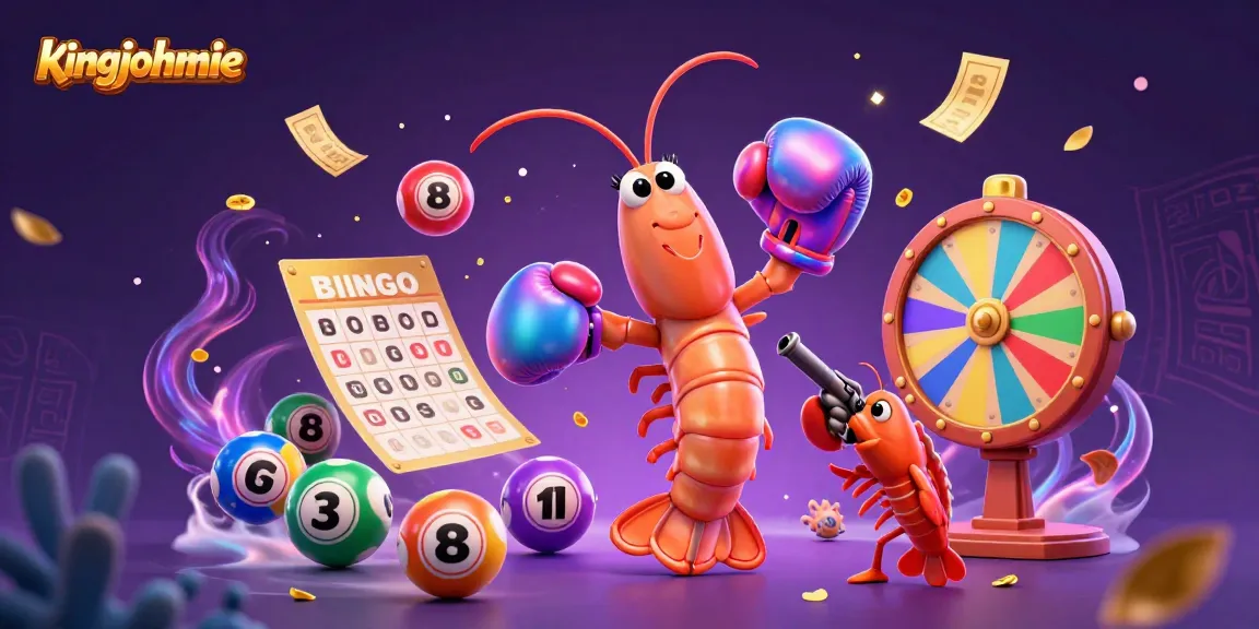 Experience the energetic world of kingjohnnie with vibrant lottery balls and charismatic characters in an exciting casino scene.