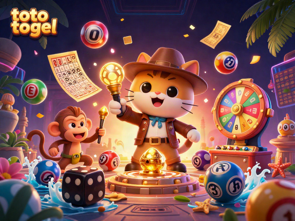 Engage in exciting toto togel action with our vibrant 3D gambling adventure, showcasing colorful lottery balls and golden artifacts.