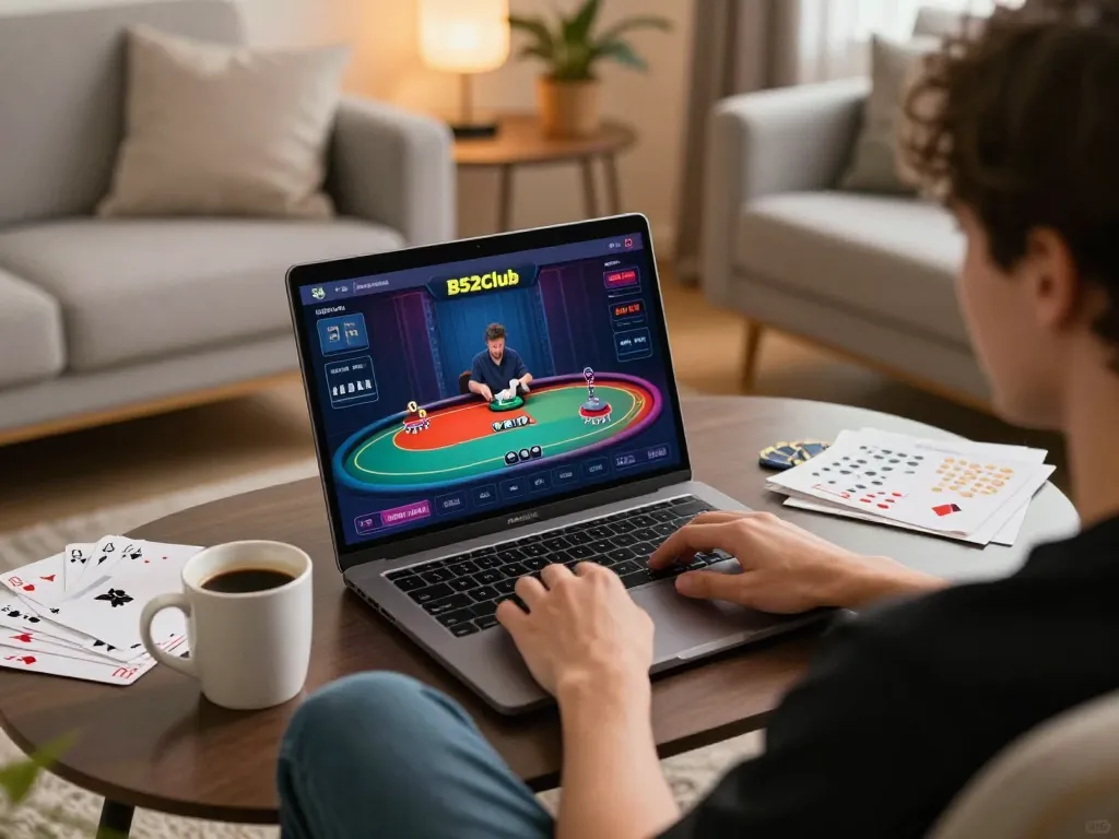 Người chơi trực tuyến B52club tham gia vào hành động poker, làm nổi bật lối chơi chiến lược trong một không gian thoải mái tại nhà.