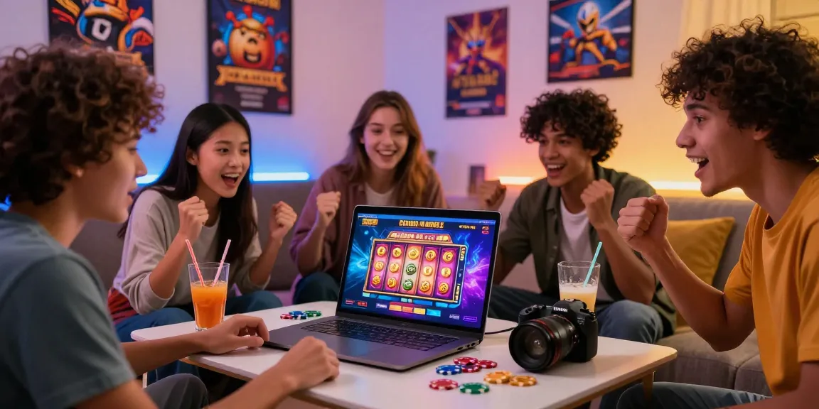 Friends enjoying situs slot online games on a modern laptop with vibrant interface and fun atmosphere.