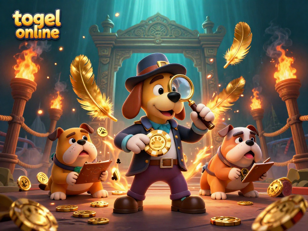 Togel online scene featuring a detective dog and bulldog in a treasure-hunting casino atmosphere.