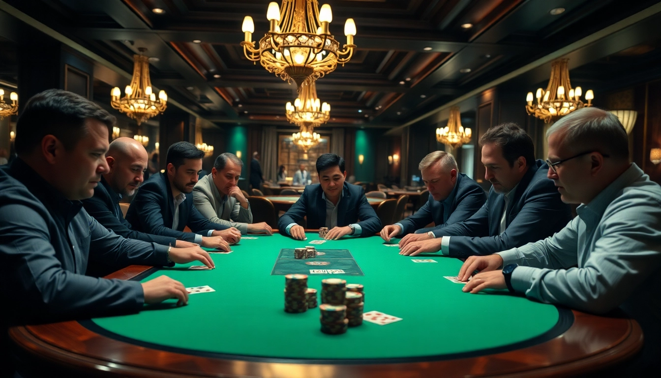 Engaged players at a poker game table showcasing intense strategies and excitement.