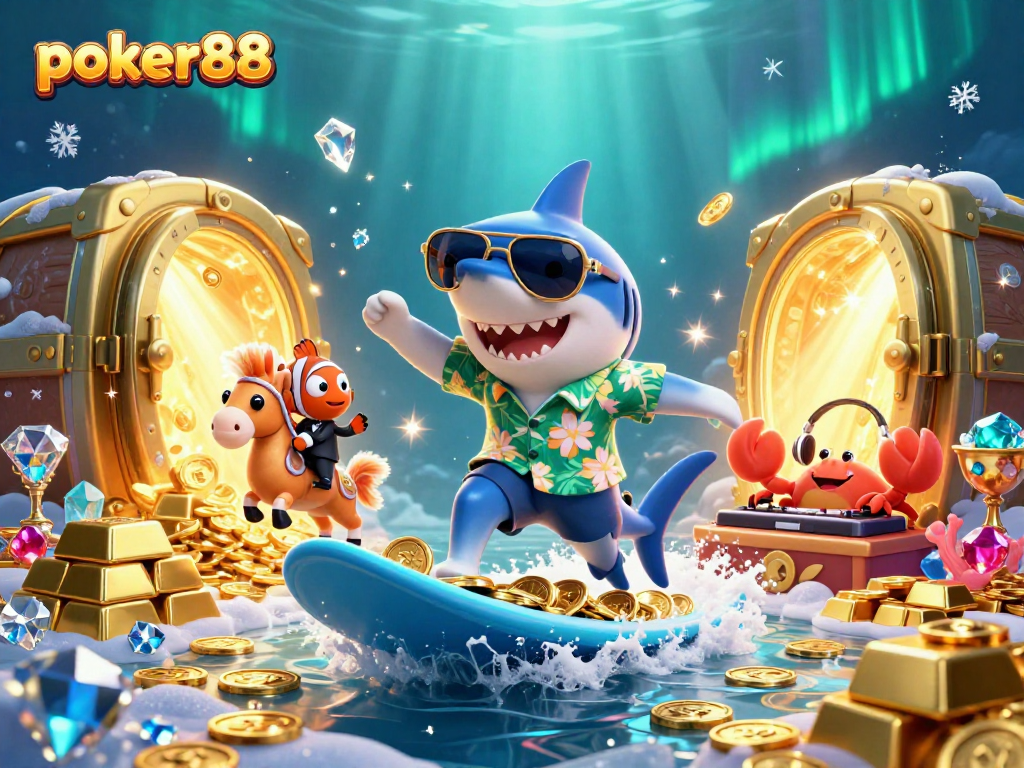 Permainan poker88 yang seru dengan hiu kartun dan kerang seapora.