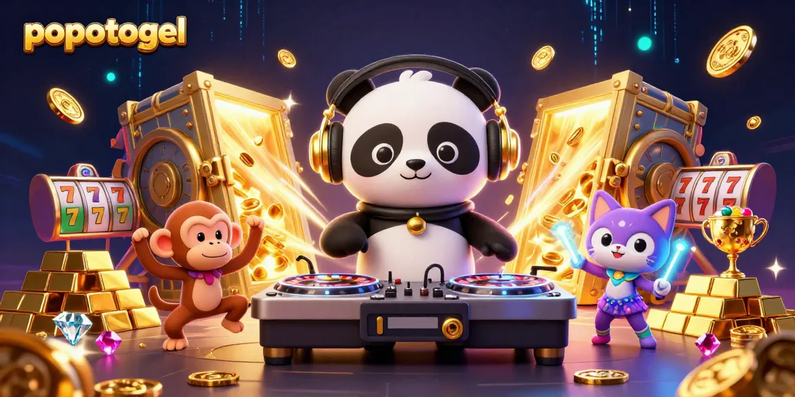 Experience the thrill of popotogel with engaging slot reels and vibrant 3D characters in a dazzling casino scene.