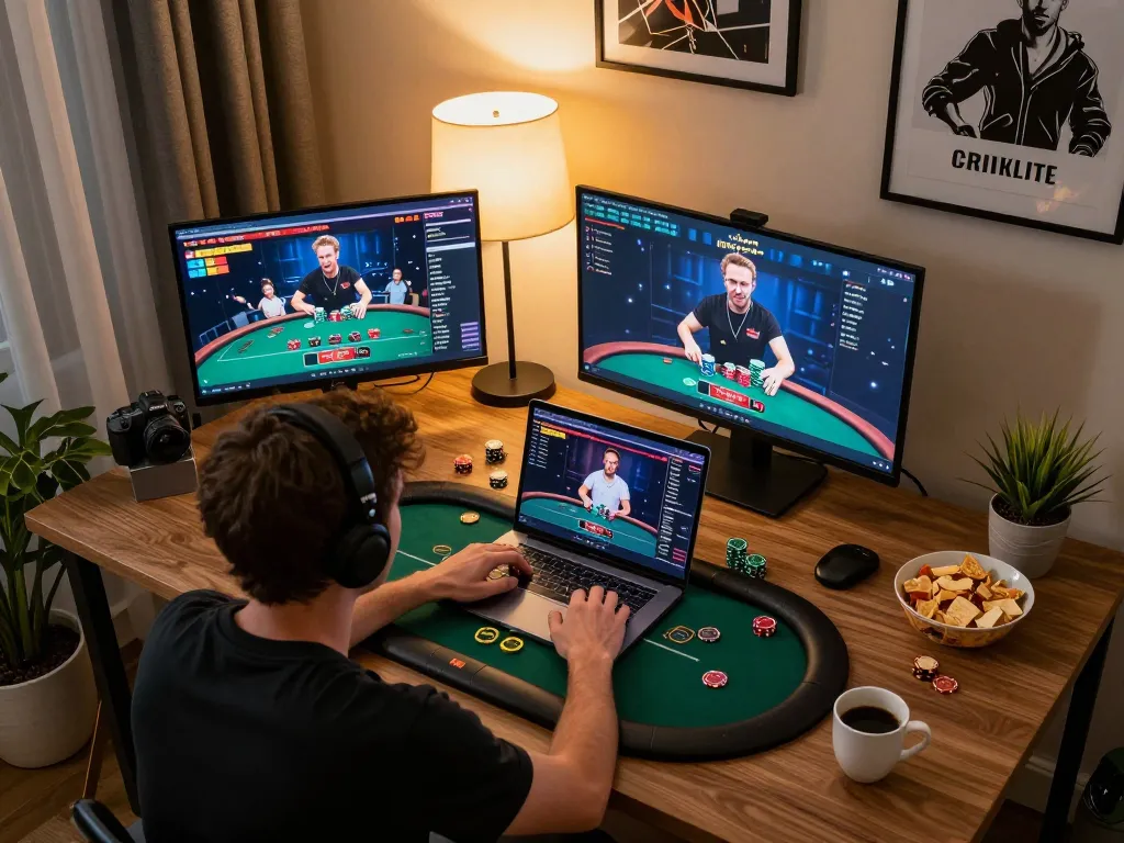 Player engaging in thrilling online poker gameplay on TR88, showcasing an interactive setup with multiple screens and warm ambiance.