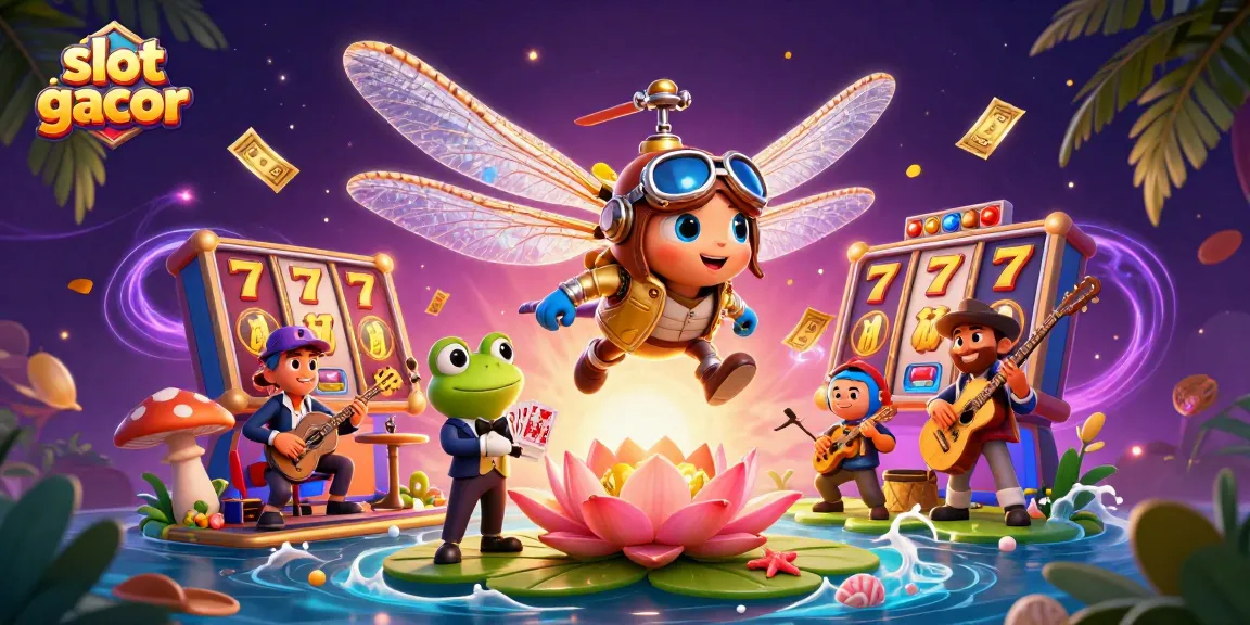 Engage with slot gacor excitement as a helicopter pilot and frog croupier entertain in a vibrant casino scene.