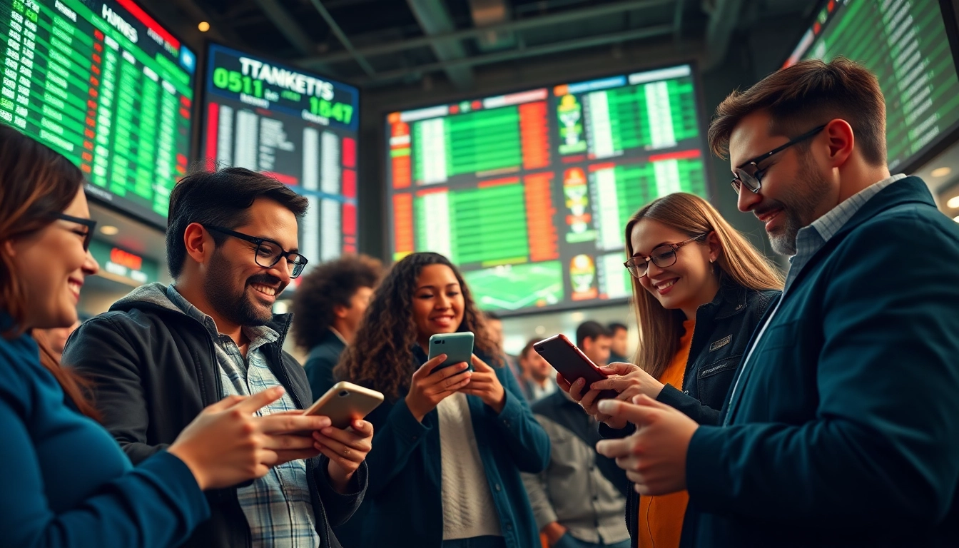 Engaged individuals participating in online Betting with digital devices in a vibrant sports lounge.