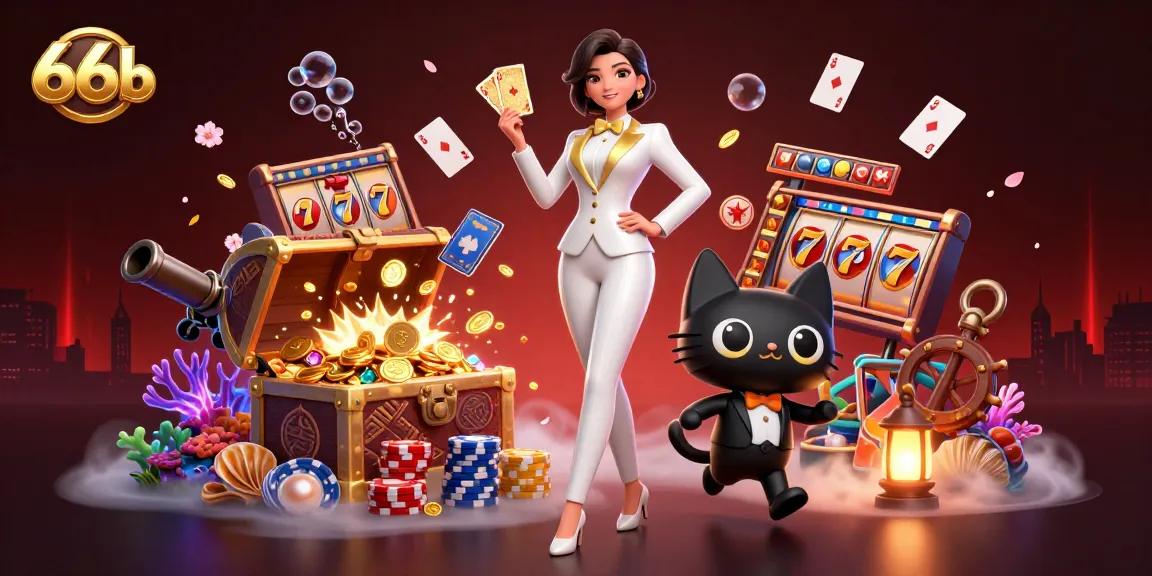 Experience thrilling games with 66b as the glamorous dealer shuffles cards amid vibrant casino elements.
