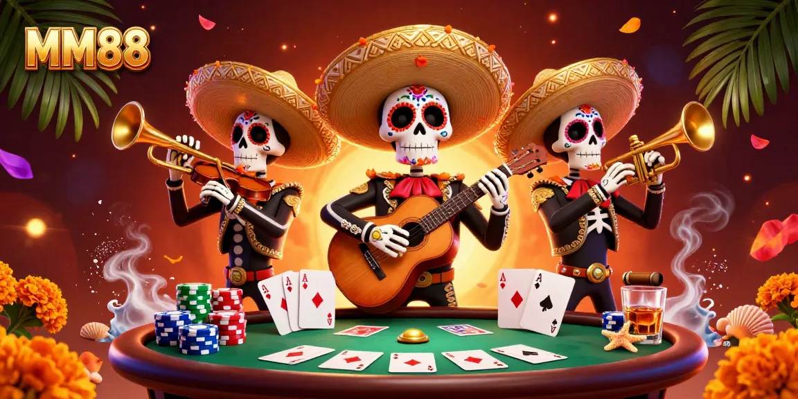 Engage in poker action at MM88 with vibrant 3D skeleton mariachi characters surrounded by colorful chips and cards.